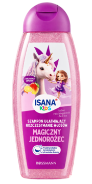 Różowy szampon Isana Kids Magiczny Jednorożec, ułatwiający rozczesywanie, z etykietą jednorożca i wróżki, widok z przodu.
