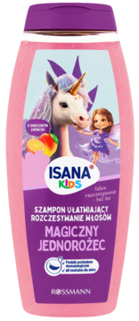 Isana Kids szampon dla dzieci "Magiczny Jednorożec" do rozczesywania włosów. Różowa butelka, widok z przodu.