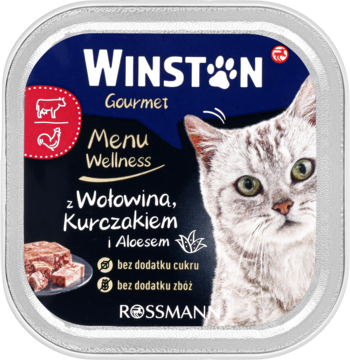 Winston Gourmet Menu Wellness karma dla kotów z wołowiną, kurczakiem i aloesem, bez cukru i zbóż, widok z przodu.