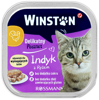 Fioletowe, kwadratowe opakowanie karmy Winston dla kotów: delikatny pasztet indyk z ryżem, bez cukru i glutenu.