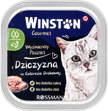 Winston Gourmet pasztet z dziczyzny dla kotów dorosłych, w kwadratowej miseczce, widok z przodu.