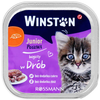 Karma Winston Junior Pasztet Drób dla kociąt, bez cukru/zbóż. Fioletowe opakowanie, ujęcie z przodu, z kotkiem.