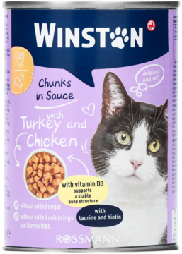 Fioletowa puszka karmy Winston dla dorosłych kotów, Chunks in Sauce z indykiem i kurczakiem, widok z przodu.