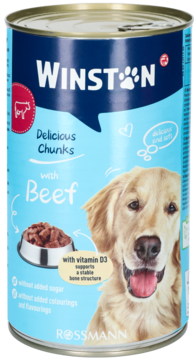 Puszka karmy Winston Delicious Chunks z wołowiną dla psów, niebieska, z golden retrieverem i miską kąsków.