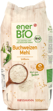 Mąka gryczana enerBiO 500g, pełnoziarnista, BIO i bezglutenowa, w jasnym opakowaniu, idealna do pieczenia.