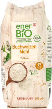 Mąka gryczana enerBiO 500g, pełnoziarnista, BIO i bezglutenowa, w jasnym opakowaniu, idealna do pieczenia.