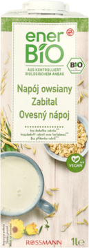 EnerBiO organiczny napój owsiany 1L, karton UHT. Przedni widok opakowania z grafiką owsa i logo Rossmann.