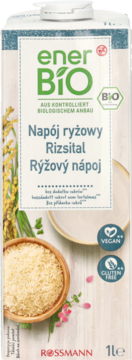 enerBiO ryżowy napój BIO w białym kartonie 1L, z obrazkiem ryżu, widok z przodu opakowania.