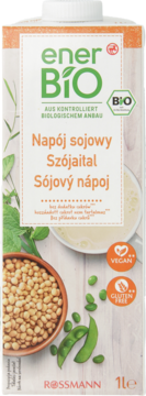 enerBio Napój sojowy BIO w białym kartonie, widok z przodu, z grafiką soi i ikonami vegan.