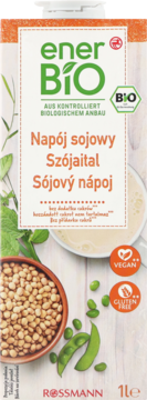 enerBIO Napój sojowy 1l, biały karton z zielonym logo i grafiką rośliny soi, z etykietami BIO, Vegan, Gluten Free.