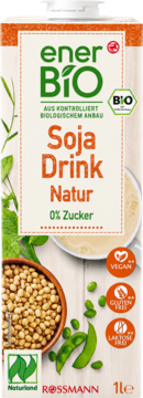 Napój sojowy enerBiO Natur 1L, BIO, 0% cukru, wegański. Karton widziany z przodu z ziarenkami soi.