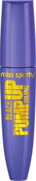 Tusz do rzęs Miss Sporty Pump Up Black Volume w pionowej, fioletowej tubce z dużymi złotymi napisami.