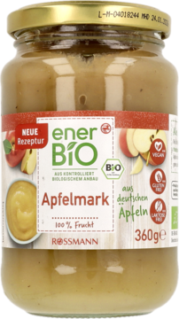 Słoik enerBiO Apfelmark (mus jabłkowy) 360g z jasną etykietą i jabłkami, widok z przodu.
