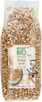 Opakowanie enerBiO dmuchany orkisz z miodem, 200g, brązowe ziarna w przezroczystej torbie, widok z przodu.