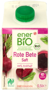 Karton soku enerBiO Bio z czerwonych buraków 0,5l, biało-różowy, z przodu grafika buraków i szklanki soku.