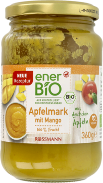 EnerBio Apfelmark mit Mango w szklanym słoiku 360g, widok z przodu, z etykietą przedstawiającą jabłka i mango.