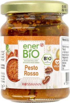Słoik EnerBio Pesto Rosso z suszonymi pomidorami, widok z przodu, z bio i wegańskim logo na etykiecie.