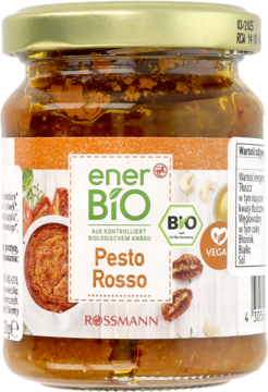 Słoik EnerBio Pesto Rosso z suszonymi pomidorami, widok z przodu, z bio i wegańskim logo na etykiecie.