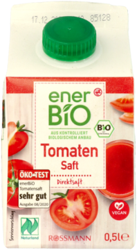 enerBio Tomaten Saft, biało-czerwony karton 0,5l z zieloną zakrętką, z przodu napis 'sehr gut', widok lekko z góry.