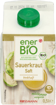 Biały karton bio soku enerBiO Rossmann 0.5L z kiszonej kapusty, wegański, zielona nakrętka, widok z przodu.