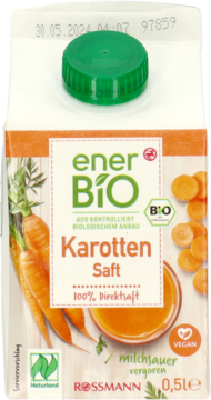 Karton soku marchwiowego EnerBio BIO 0,5l, fermentowany, 100% direct juice, z grafiką marchwi, widok z przodu.