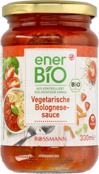 Słoik wegetariańskiego sosu Bolognese Enerbio 330 ml, przezroczysty, z zielono-białą etykietą, widok z przodu.
