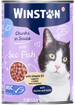 Fioletowa puszka karmy Winston dla kotów, kąski z rybą morską. Z przodu kot, Rossmann, MSC, wit. D3.
