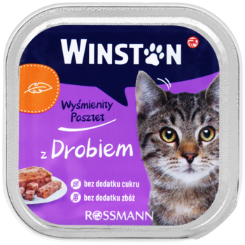 Winston Wyśmienity Pasztet z Drobiem, karma dla kota bez cukru i zbóż, fioletowe opakowanie, widok z góry.