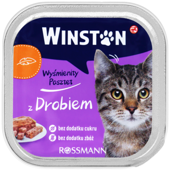 Winston Wyśmienity Pasztet z Drobiem, karma dla kota bez cukru i zbóż, fioletowe opakowanie, widok z góry.