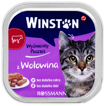 Kwadratowa tacka Winston karma dla kotów z wołowiną, fioletowa etykieta, widok z góry, bez cukru i zbóż.