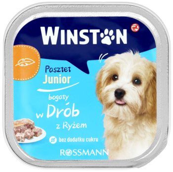 Winston Junior karma dla szczeniąt, pasztecik z drobiem i ryżem, bez cukru, niebieski pojemnik, widok z przodu.