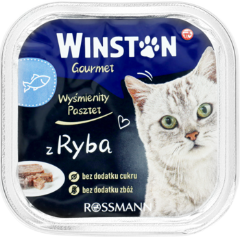 Winston Gourmet karma dla kota: pasztet z rybą, granatowe opakowanie z białym kotem, bez cukru i zbóż.