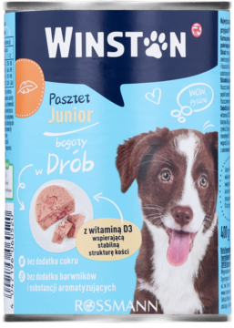 Puszka Winston Junior karma mokra dla szczeniąt z drobiem, witaminą D3, bez cukru. Widok z przodu.