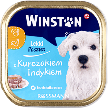 Kwadratowe opakowanie karmy Winston Lekki Pasztet z Kurczakiem i Indykiem, niebieskie, z wizerunkiem psa i tekstem 'bez dodatku cukru', widok z przodu.