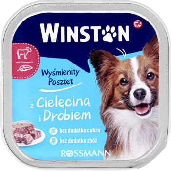 WINSTON ,karma pełnoporcjowa mokra dla dorosłych psów, z cielęciną i drobiem,przód