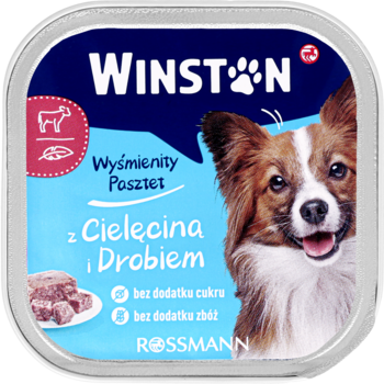 Winston karma dla psów, z cielęciną i drobiem, bez cukru i zbóż. Niebieska tacka ze szczęśliwym psem, widok z przodu.