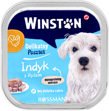Winston Delikatny Pasztet, karma mokra dla dorosłych psów z indykiem i ryżem, w niebieskim pojemniku z białym psem.