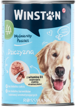 Jasnoniebieska puszka karmy Winston dla psów: pasztet z dziczyzną, bez cukru. Na etykiecie pies golden retriever.