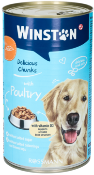 Puszka karmy dla psów Winston z drobiem, niebieska z psem rasy golden retriever, widok z przodu.