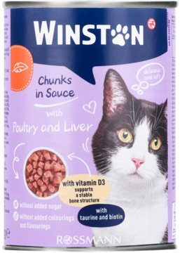 Winston Chunks in Sauce Drób i Wątróbka, karma dla kotów, fioletowa puszka z kotem, witaminą D3 i tauryną.
