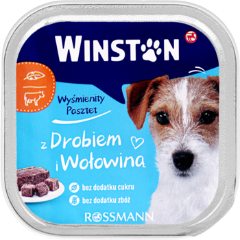 Winston karma dla psa, pasztet z drobiem i wołowiną, w niebieskiej kwadratowej tacce, bez cukru i zbóż.