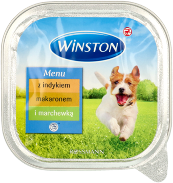WINSTON,karma pełnoporcjowa mokra dla dorosłych psów, z indykiem, z makaronem i marchewką,przód