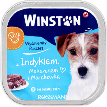 WINSTON ,karma pełnoporcjowa mokra dla dorosłych psów, z indykiem, makaronem i marchewką,przód
