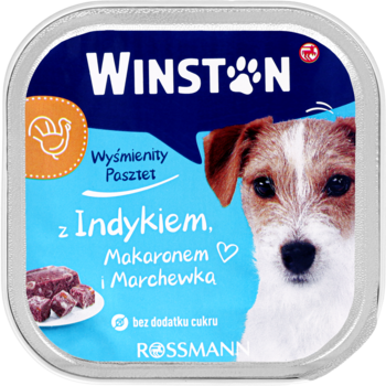 Winston karma dla psów, pasztet z indykiem, makaronem i marchewką, bez cukru, w niebieskim pojemniku, widok z przodu.