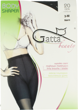Przednie opakowanie rajstop Gatta beauty BODY SHAPER Nero 20 DEN, z rysunkiem sylwetki w modelujących rajstopach.
