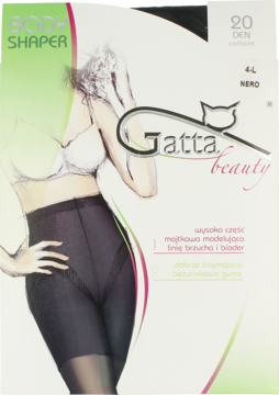 Front opakowania Gatta Beauty Body Shaper, czarne modelujące rajstopy 20 DEN, z ilustracją torsu kobiety.