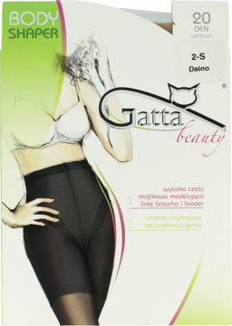 Opakowanie rajstop modelujących Gatta Body Shaper 20 DEN, z ilustracją czarnych rajstop wyszczuplających.