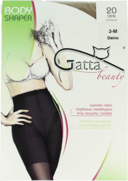 Białe opakowanie Gatta Beauty Body Shaper 20 DEN Daino, z rysunkiem kobiety w czarnych rajstopach modelujących brzuch.