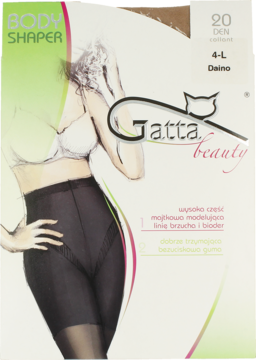 Opakowanie rajstop modelujących Gatta Body Shaper, 20 DEN, kolor Daino, z rysunkiem modelującym sylwetkę.
