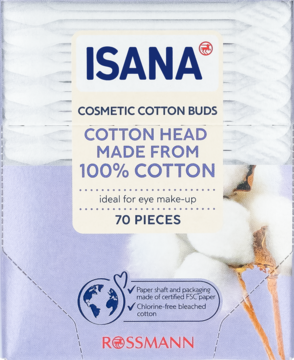 Białe opakowanie patyczków kosmetycznych Isana 100% bawełna, 70 sztuk, idealne do makijażu oczu, widok z przodu.